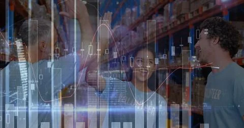 Statistical data processing against male and female volunteers high fiving each Illustrazione stock