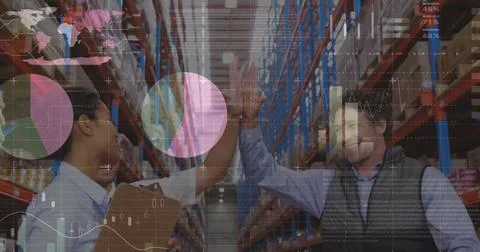 Statistical data processing against male and female supervisors high fiving each Illustrazione stock