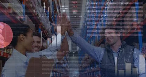 Statistical data processing against male and female supervisors high fiving each Stock Photos