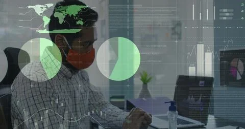 Statistical data processing against man wearing face mask sanitizing his hands Stock Photos