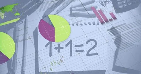 Statistical data processing against mathematical equations floating on grey Stock Photos