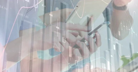 Statistical data processing against mid section of people using electronic Stock Footage 139807497