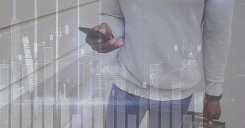 Statistical data processing against mid section of man using smartphone イラスト素材