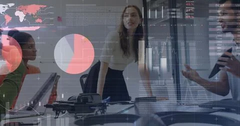 Statistical data processing against office colleagues discussing together at Stock Photos