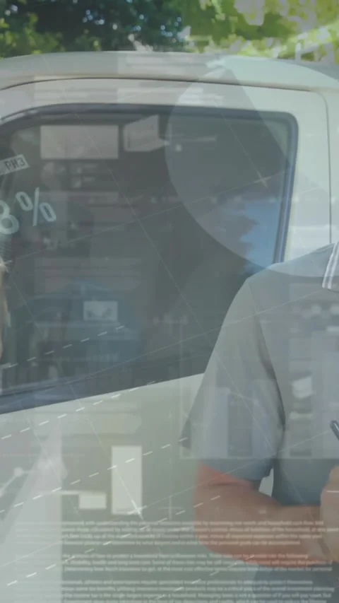 Statistical data processing against portrait of caucasian delivery man with Stock Footage 344635669