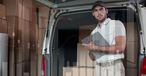 Statistical data processing against portrait of caucasian delivery man with Stock Illustration