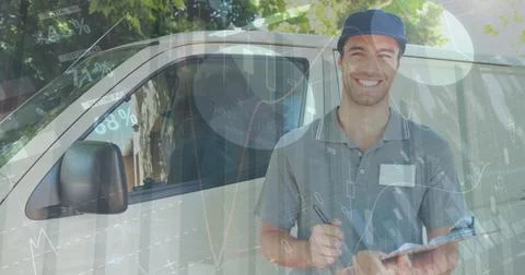 Statistical data processing against portrait of caucasian delivery man with Illustrazione stock