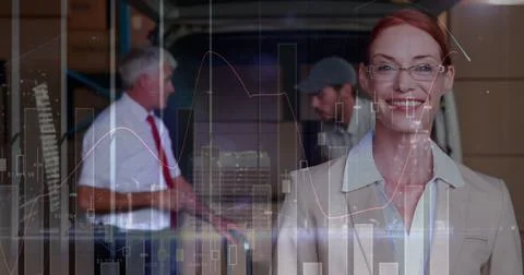 Statistical data processing against portrait of caucasian female supervisor with Illustrazione stock
