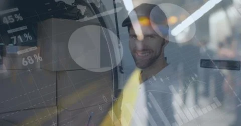Statistical data processing against portrait of caucasian delivery man with Illustrazione stock