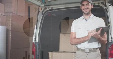 Statistical data processing against portrait of caucasian delivery man with Stock Photos
