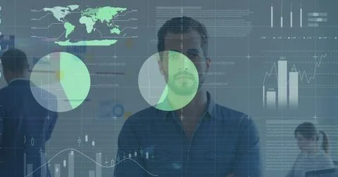 Statistical data processing against portrait of caucasian man smiling at office Stock Photos