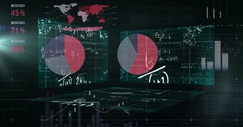 Statistical data processing against screens with mathematical equations on .. 스톡 사진