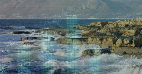 Statistical data processing against sea waves hitting the rocks Stock Photos