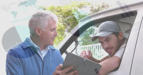 Statistical data processing against senior male worker and delivery man Stock Illustration