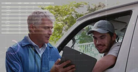 Statistical data processing against senior male worker and delivery man Foto stock