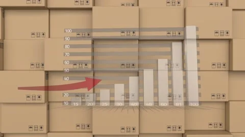 Statistical data processing against stack of delivery boxes in background Stock Footage 157639813