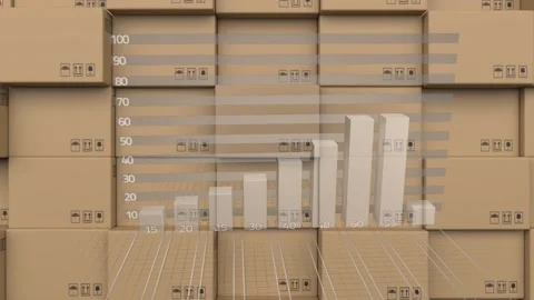 Statistical data processing against stack of delivery boxes in background Stock Footage 157639815
