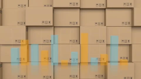 Statistical data processing against stack of delivery boxes in background Stock Footage 157639867