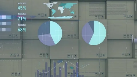 Statistical data processing against stack of delivery boxes in background Stock Footage 157674566
