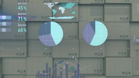 Statistical data processing against stack of delivery boxes in background Stock Footage 157674675