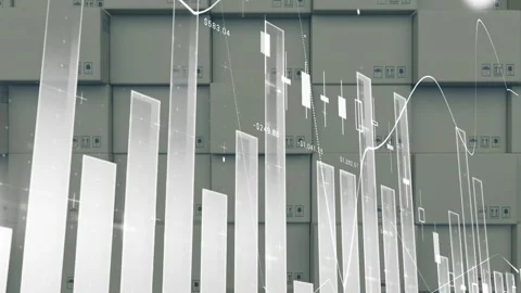 Statistical data processing against stack of delivery boxes in background Stock Footage 157674703