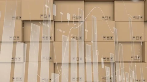 Statistical data processing against stack of delivery boxes at warehouse Stock Footage 157930791