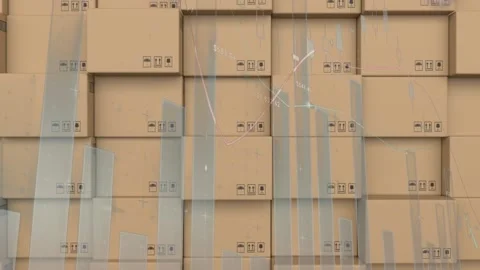 Statistical data processing against stack of delivery boxes at warehouse Stock Footage 157930820
