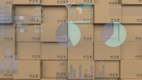 Statistical data processing against stack of delivery boxes at warehouse Stock Footage 157930898
