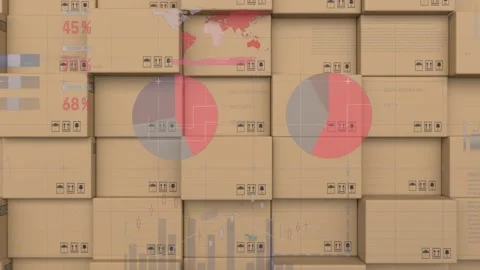 Statistical data processing against stack of delivery boxes at warehouse Stock Footage 157930914