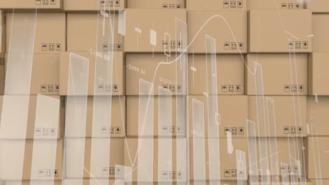 Statistical data processing against stack of delivery boxes at warehouse Stock Footage 157930921