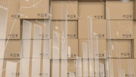 Statistical data processing against stack of delivery boxes at warehouse Stock Footage 331136097
