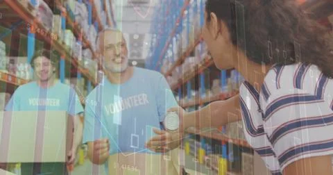Statistical data processing against woman donating a can to male volunteer at Stock Photos