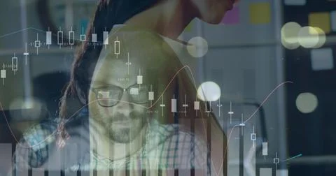 Statistical data processing and caucasian businesswoman and caucasian man Foto stock
