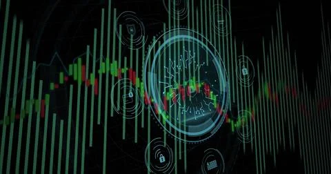 Statistical data processing and cyber security text over round scanner against Stock Photos