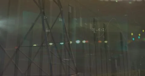 Statistical data processing and mathematical equations against night city Illustrazione stock