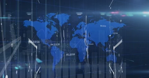 Statistical data processing and plexus networks over world map and spot of light Stock Footage 194258040