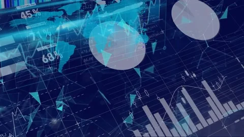 Statistical data processing and plexus networks against world map on blue Stock Footage 329356063