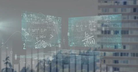 Statistical data processing and screens with mathematical equations against tall 스톡 일러스트