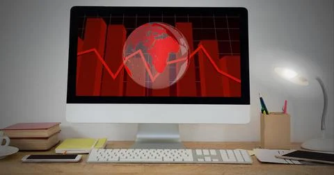 Statistical data processing and spinning globe on computer screen on wooden Illustrazione stock