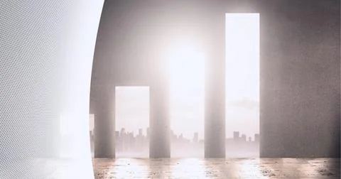 Statistical data processing and spot of light over cityscape against technology Illustrazione stock