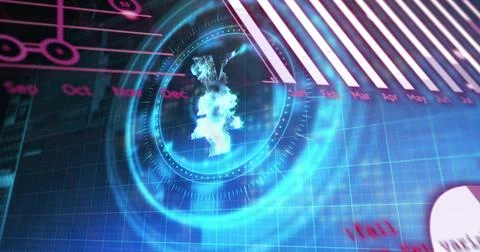 Statistical data processing and yen symbol over a round scanner against blue Stock Illustration