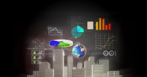 Statistical data processing over 3d city model against grey background Stock Photos