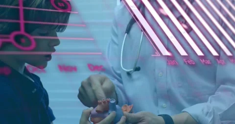 Statistical data processing over asian male doctor showing heart model to Stock Footage 330341764