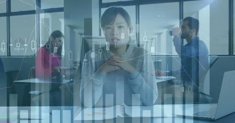 Statistical data processing over asian businesswoman talking looking at the.. Stock Photos