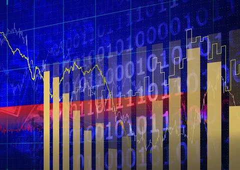Statistical data processing over binary coding and american dollars on blue Illustrazione stock
