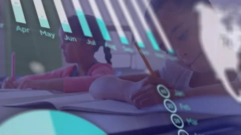 Statistical data processing over caucasian girl studying in the class at school Stock Footage 329919617