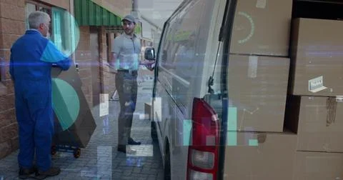 Statistical data processing over caucasian male delivery man shaking hands with Illustrazione stock