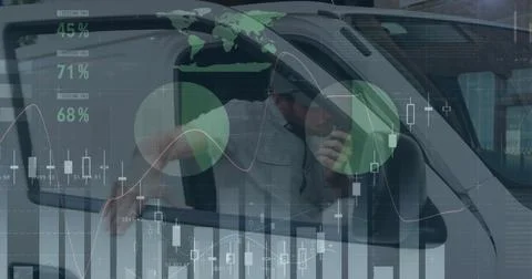 Statistical data processing over caucasian male delivery man talking on a walkie Stock Illustration