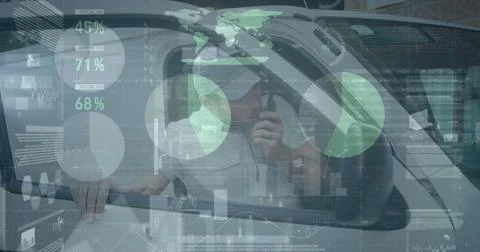 Statistical data processing over caucasian male delivery man talking on a walkie Illustrazione stock