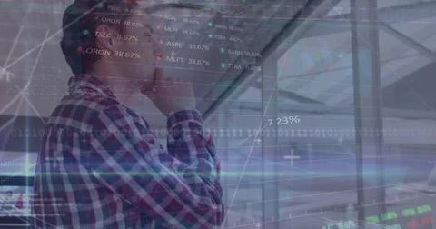 Statistical data processing over caucasian man smiling looking out of the window Stock Photos